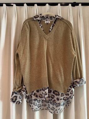 Olive V-Neck Layered Sweater with Leopard Print Shirt-Inset